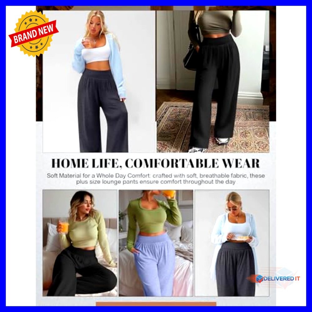 Plus Size Wide Leg Yoga Pants High Waist Sweatpants Lounge Pants with Pockets - Picture 4 of 7